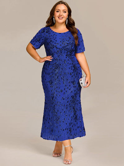 Plus Size Pleated Sequin Evening Dress #color_Sapphire Blue
