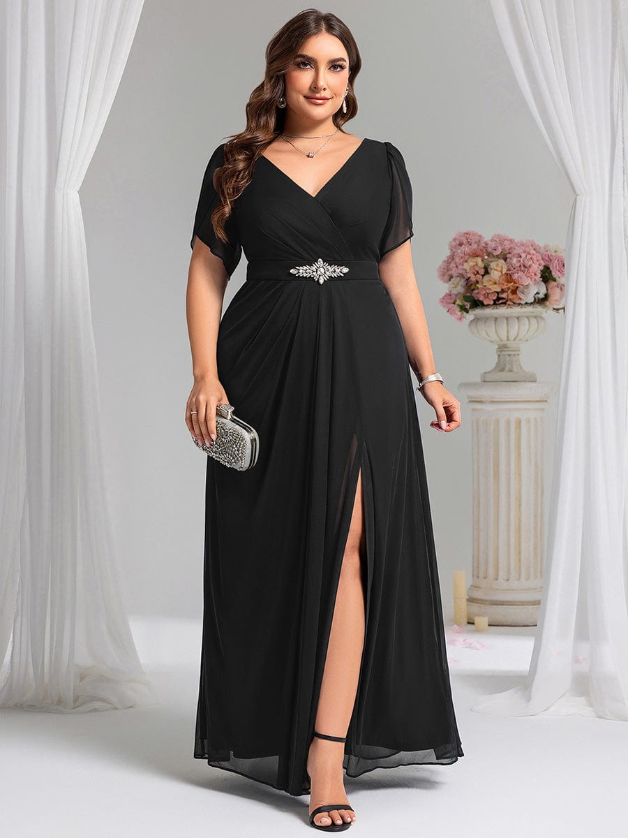 Rhinestone Embellished Chiffon Ruffle Sleeve Evening Dress #color_Black