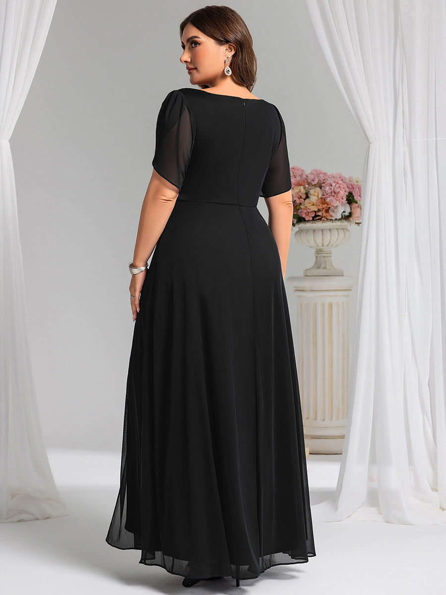 Rhinestone Embellished Chiffon Ruffle Sleeve Evening Dress #color_Black