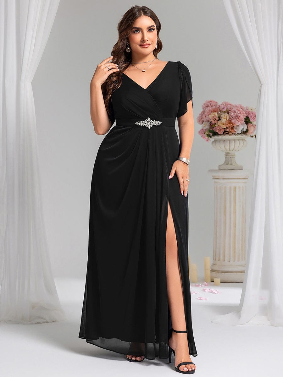 Rhinestone Embellished Chiffon Ruffle Sleeve Evening Dress #color_Black