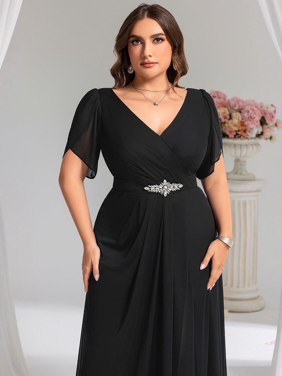 Rhinestone Embellished Chiffon Ruffle Sleeve Evening Dress #color_Black