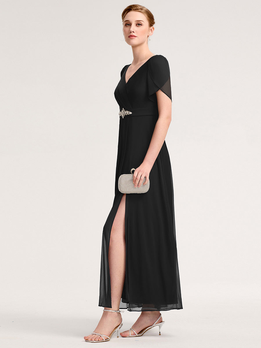 Rhinestone Embellished Chiffon Ruffle Sleeve Evening Dress #color_Black
