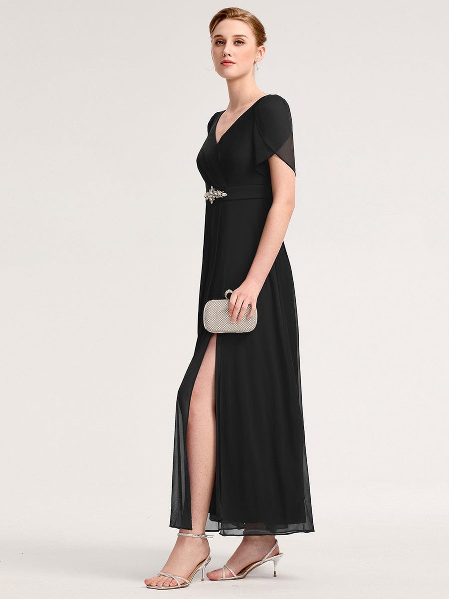 Rhinestone Embellished Chiffon Ruffle Sleeve Evening Dress #color_Black