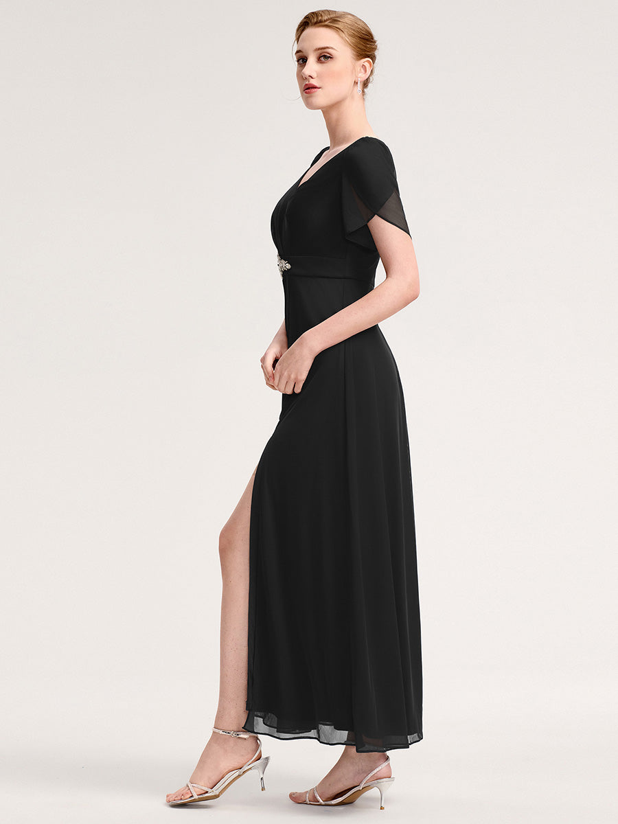Rhinestone Embellished Chiffon Ruffle Sleeve Evening Dress #color_Black