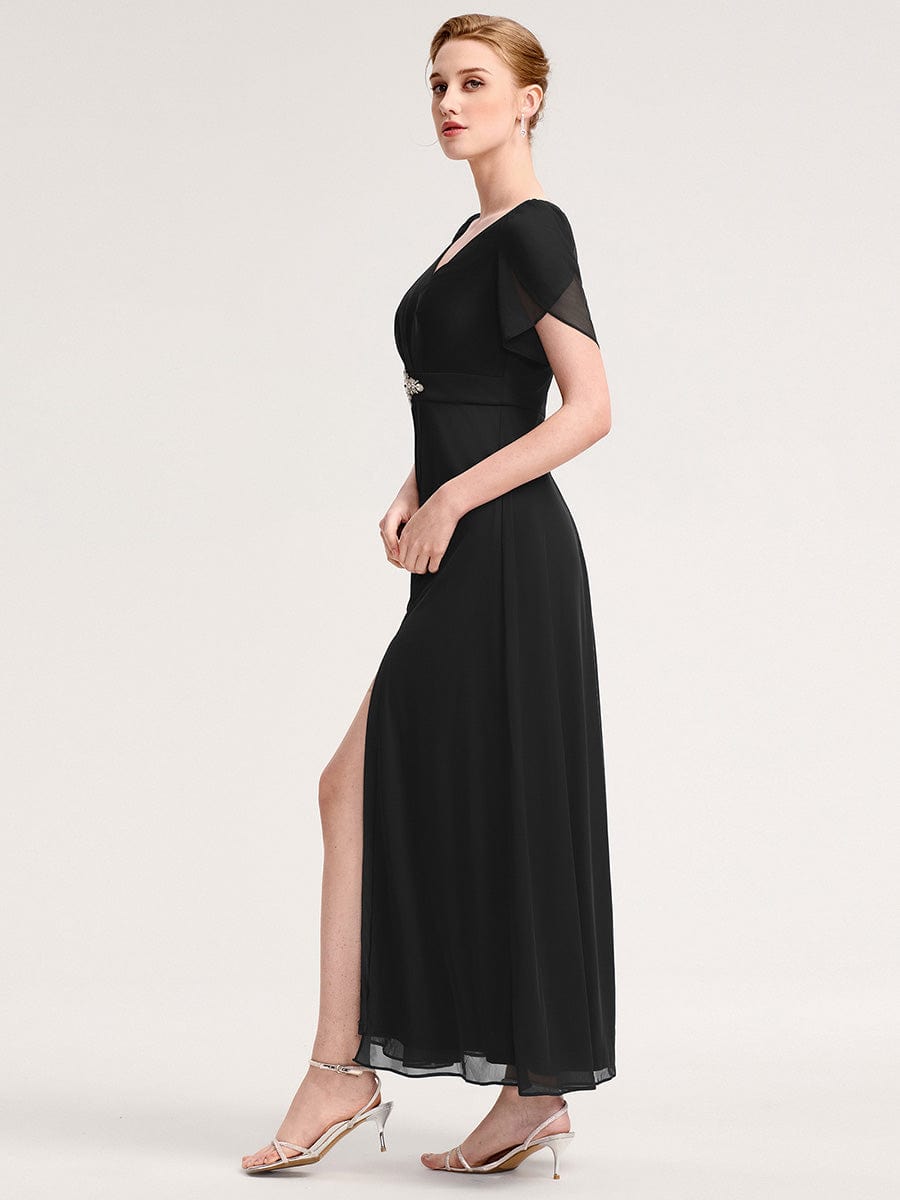 Rhinestone Embellished Chiffon Ruffle Sleeve Evening Dress #color_Black