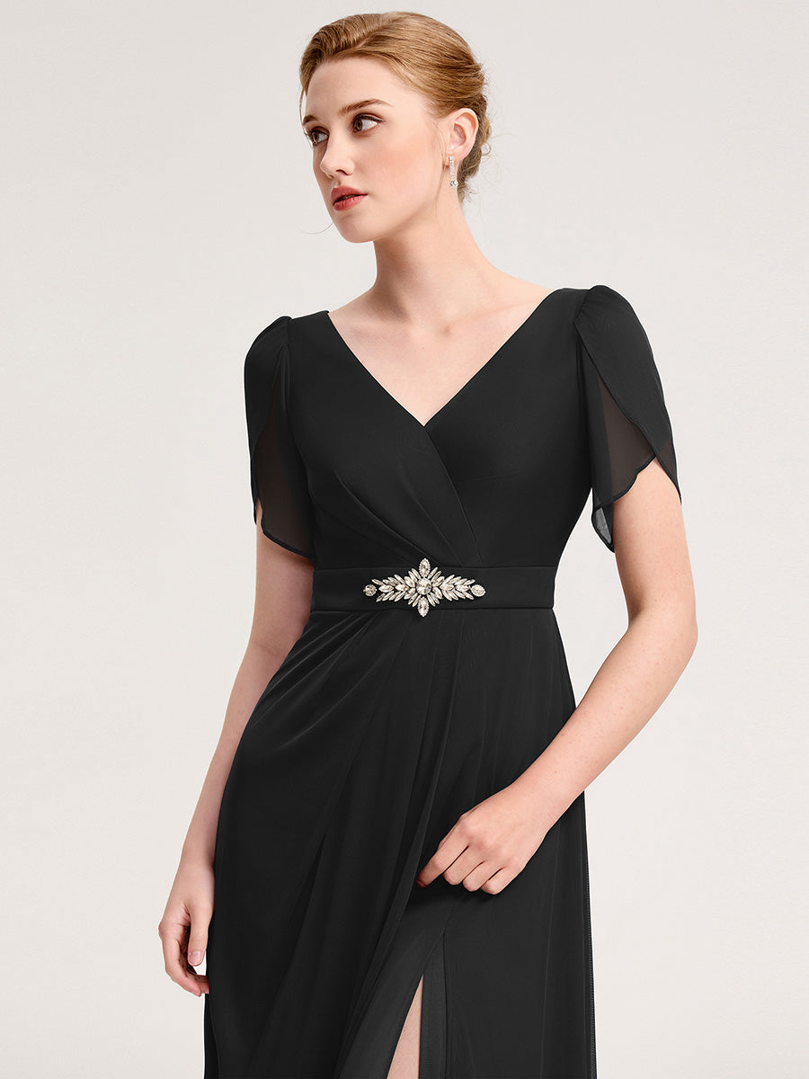 Rhinestone Embellished Chiffon Ruffle Sleeve Evening Dress #color_Black
