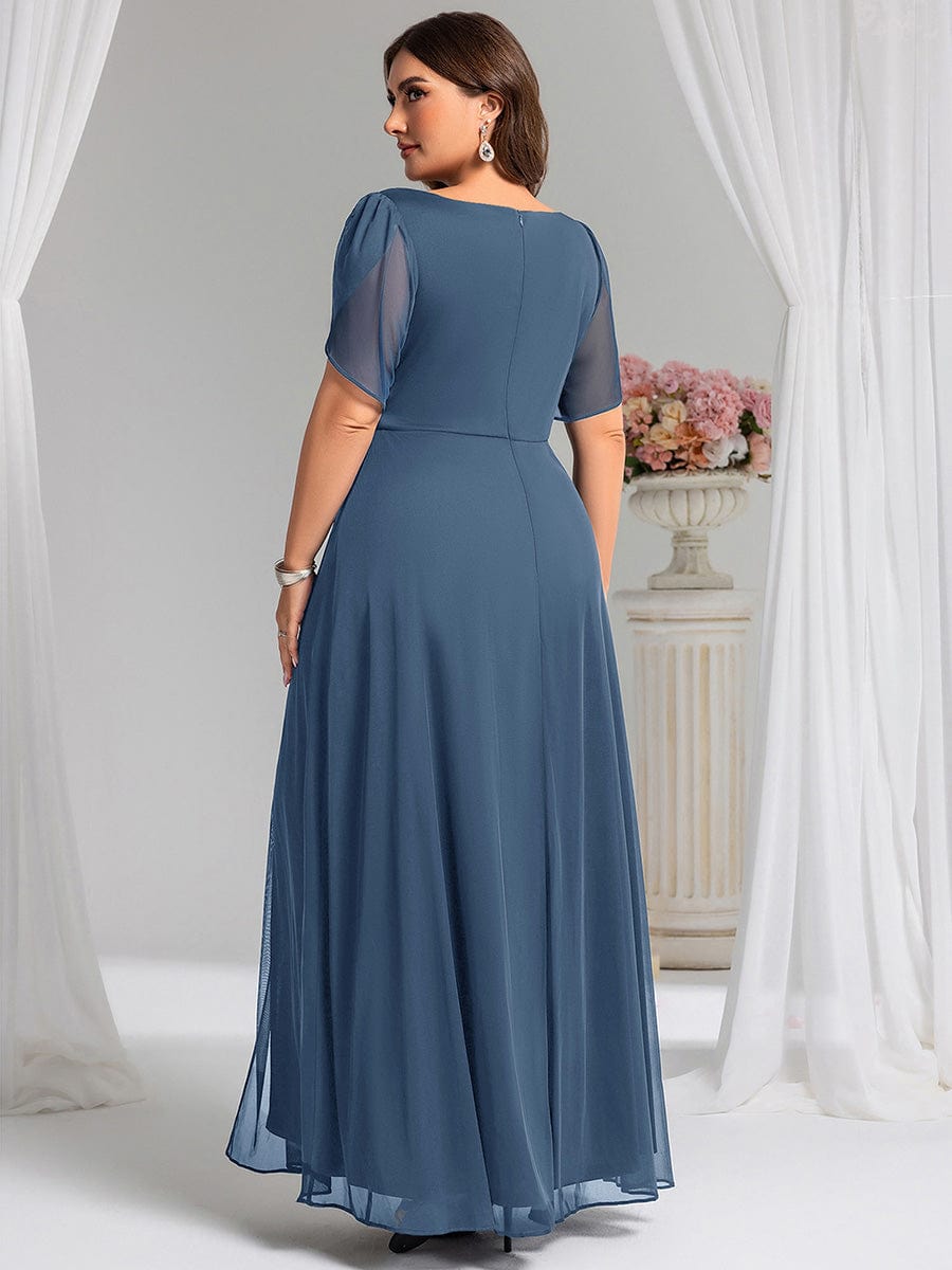 Rhinestone Embellished Chiffon Ruffle Sleeve Evening Dress #color_Dusty Blue