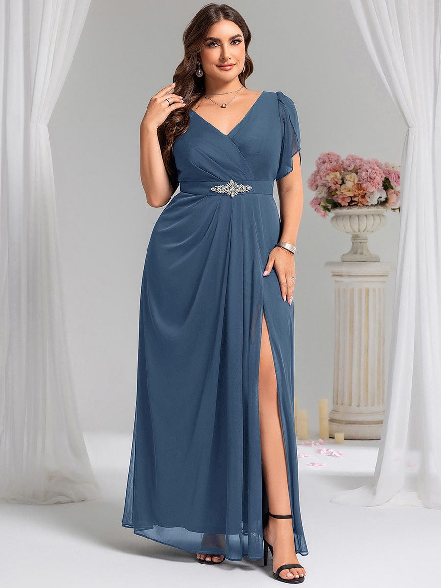 Rhinestone Embellished Chiffon Ruffle Sleeve Evening Dress #color_Dusty Blue