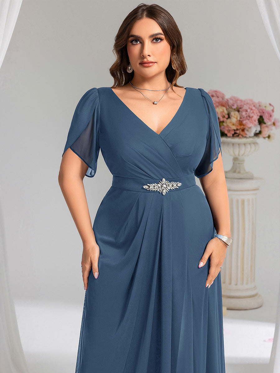 Rhinestone Embellished Chiffon Ruffle Sleeve Evening Dress #color_Dusty Blue