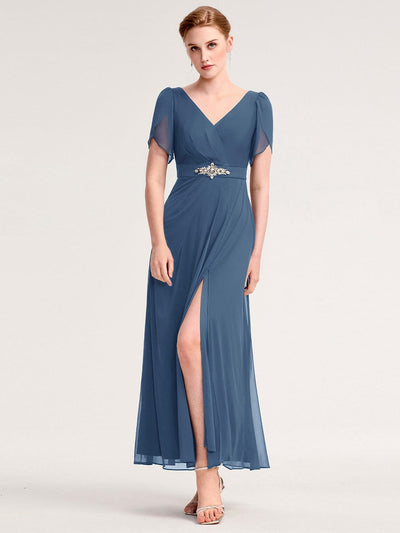 Rhinestone Embellished Chiffon Ruffle Sleeve Evening Dress #color_Dusty Blue