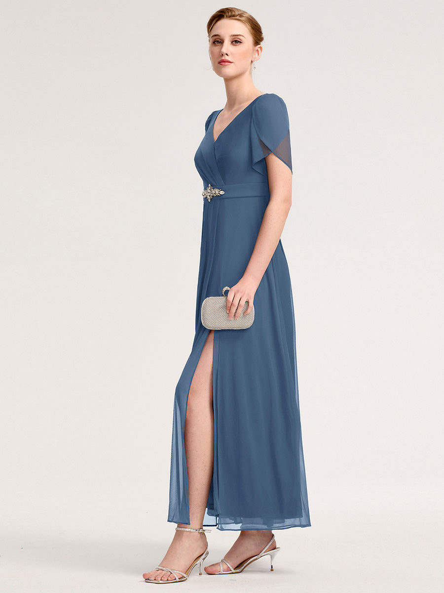 Rhinestone Embellished Chiffon Ruffle Sleeve Evening Dress #color_Dusty Blue