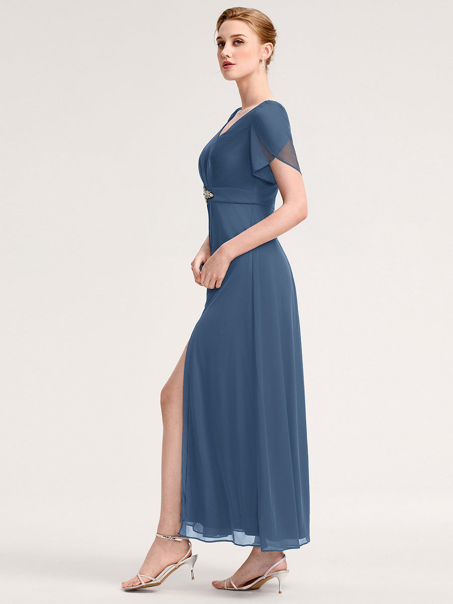 Rhinestone Embellished Chiffon Ruffle Sleeve Evening Dress #color_Dusty Blue