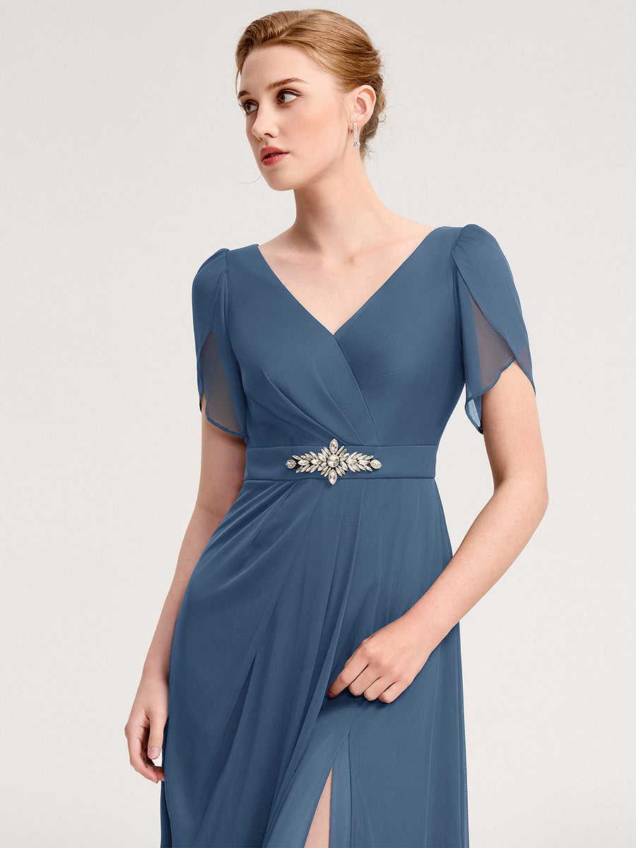 Rhinestone Embellished Chiffon Ruffle Sleeve Evening Dress #color_Dusty Blue