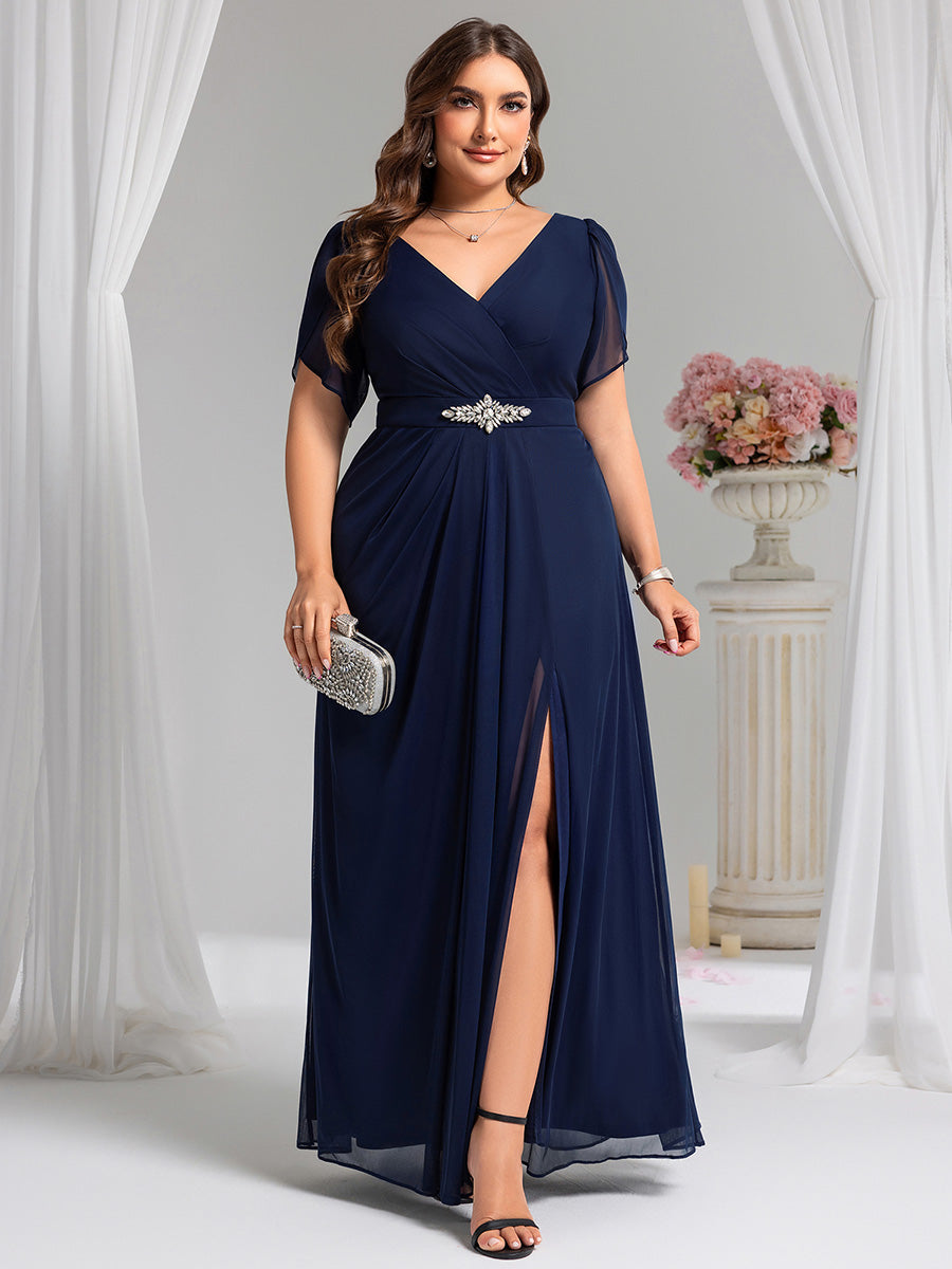 Rhinestone Embellished Chiffon Ruffle Sleeve Evening Dress #color_Navy Blue