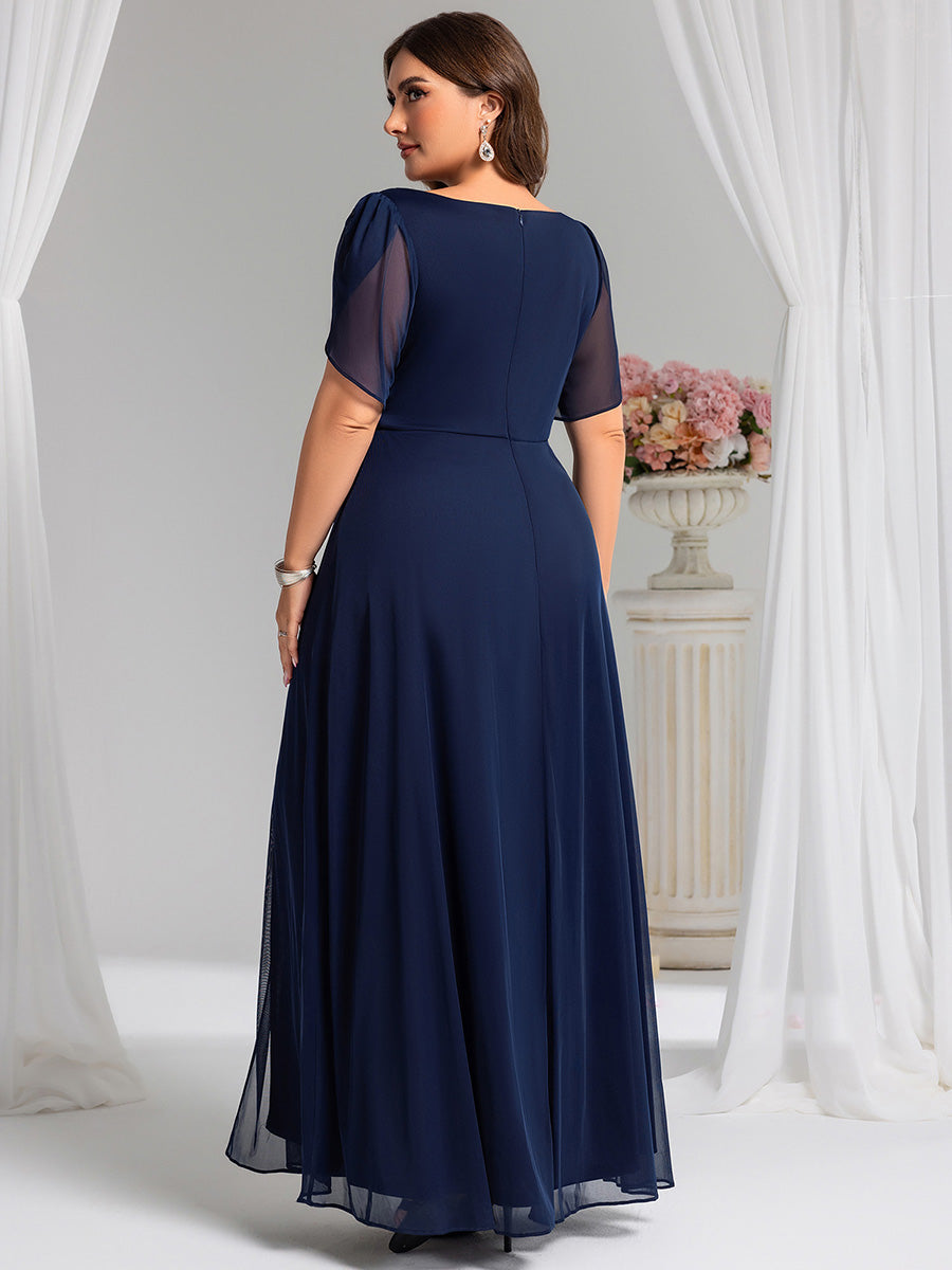 Rhinestone Embellished Chiffon Ruffle Sleeve Evening Dress #color_Navy Blue
