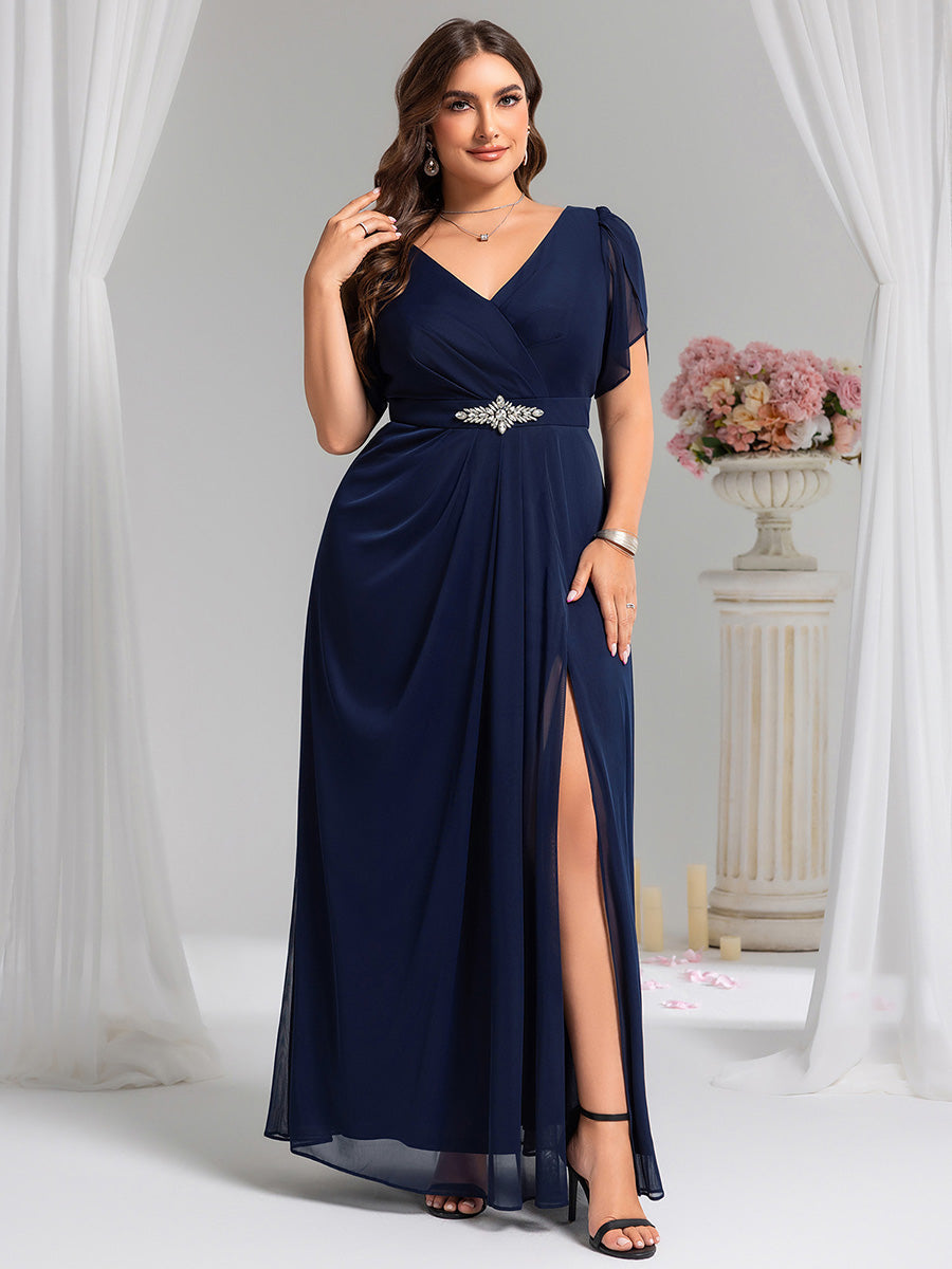 Rhinestone Embellished Chiffon Ruffle Sleeve Evening Dress #color_Navy Blue
