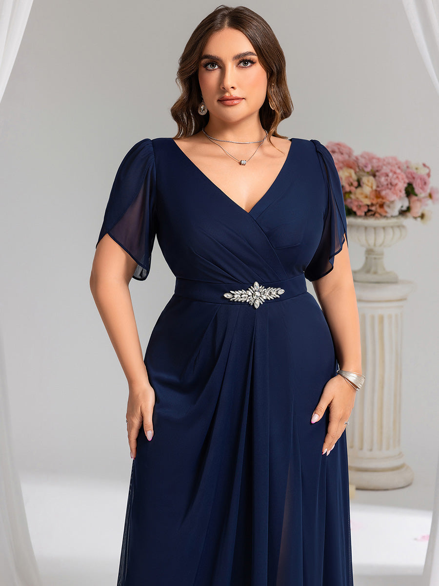 Rhinestone Embellished Chiffon Ruffle Sleeve Evening Dress #color_Navy Blue