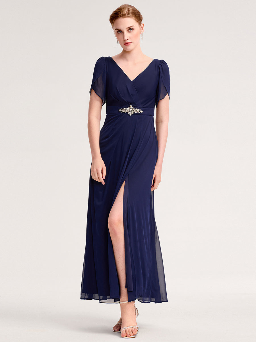 Rhinestone Embellished Chiffon Ruffle Sleeve Evening Dress #color_Navy Blue