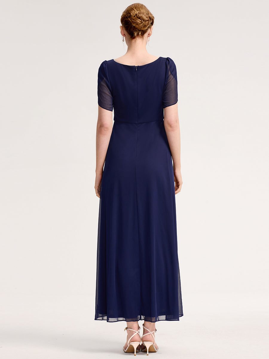Rhinestone Embellished Chiffon Ruffle Sleeve Evening Dress #color_Navy Blue