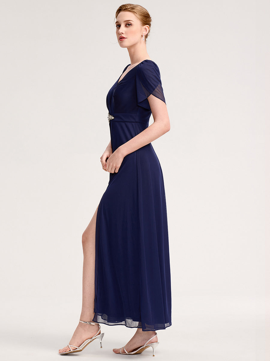 Rhinestone Embellished Chiffon Ruffle Sleeve Evening Dress #color_Navy Blue
