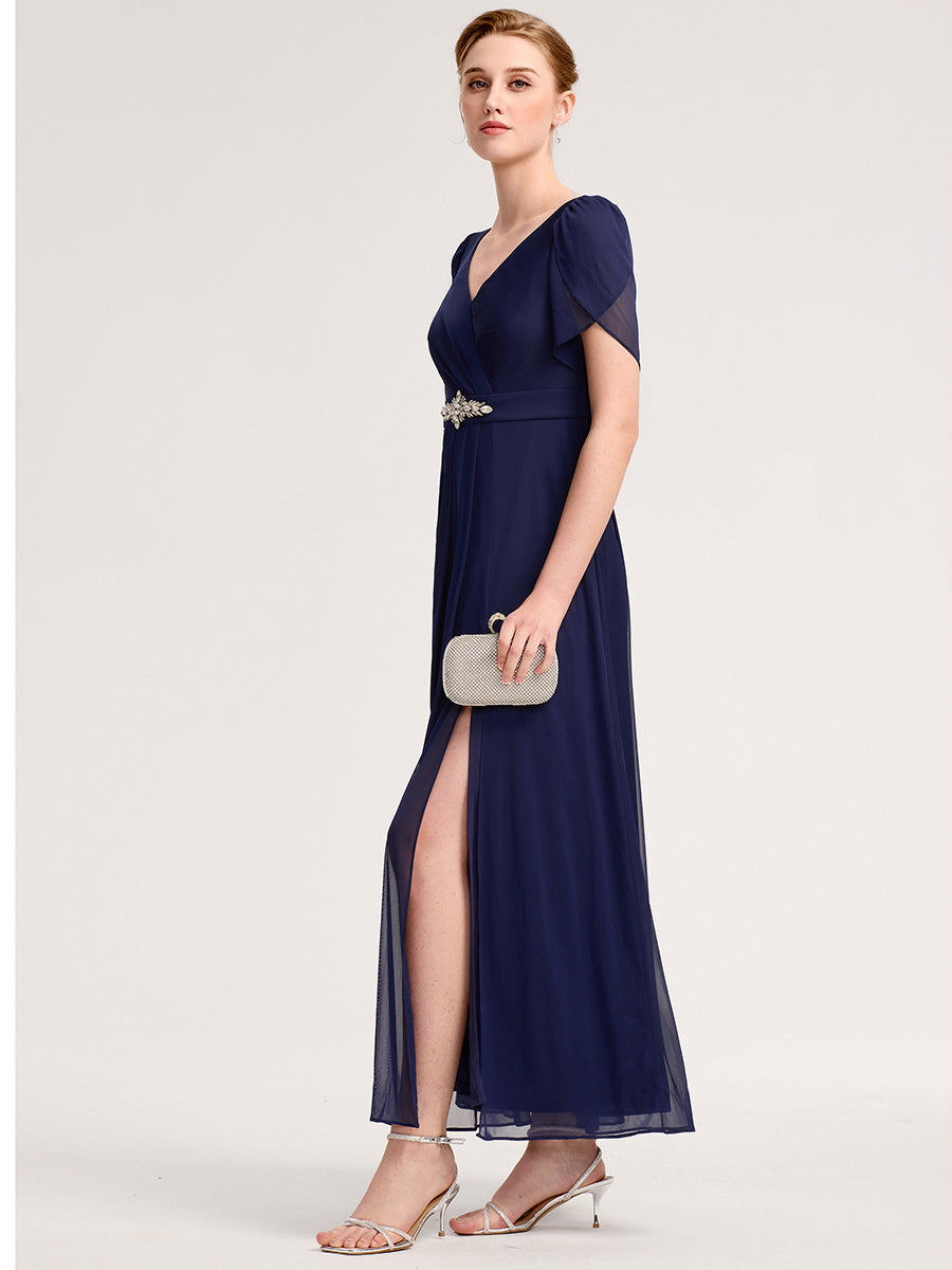 Rhinestone Embellished Chiffon Ruffle Sleeve Evening Dress #color_Navy Blue