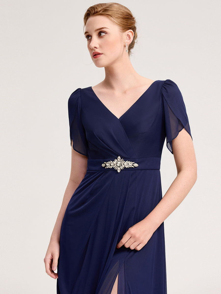 Rhinestone Embellished Chiffon Ruffle Sleeve Evening Dress #color_Navy Blue