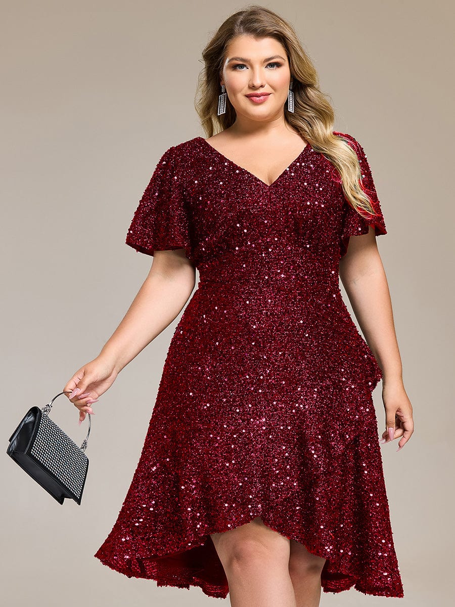 Sequin Ruffles Sleeve Midi Evening Dress #color_Burgundy