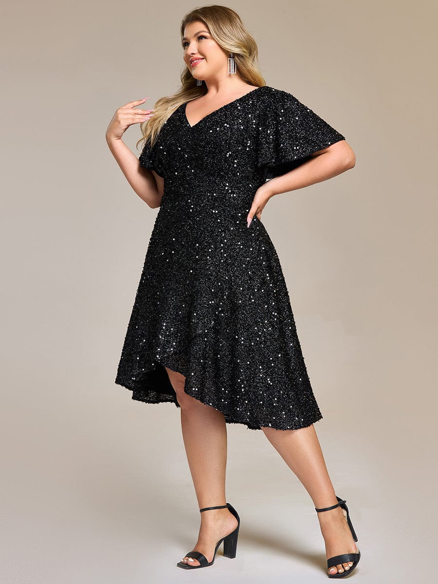 Sequin Ruffles Sleeve Midi Evening Dress #color_Black