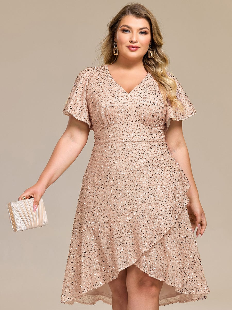 Sequin Ruffles Sleeve Midi Evening Dress #color_Champagne