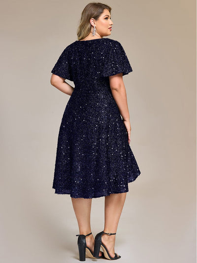 Sequin Ruffles Sleeve Midi Evening Dress #color_Navy Blue