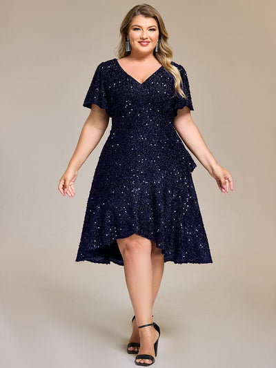 Sequin Ruffles Sleeve Midi Evening Dress #color_Navy Blue