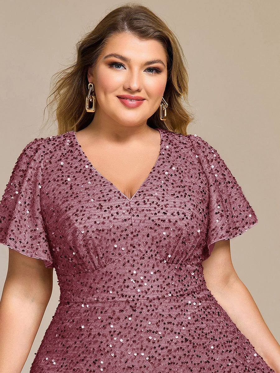 Sequin Ruffles Sleeve Midi Evening Dress #color_Purple Orchid