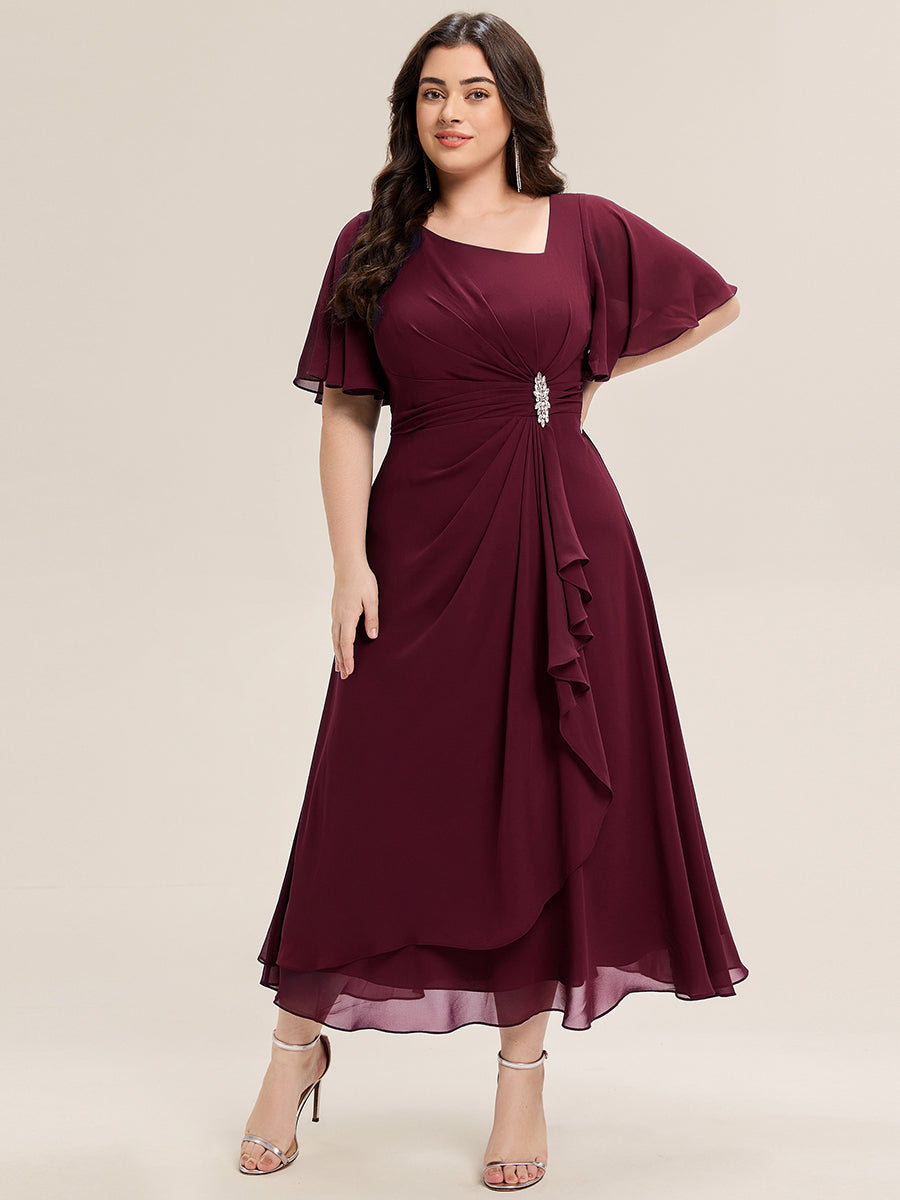 Rhinestone Embellished Chiffon Ruffle Sleeve Evening Dress #color_Burgundy