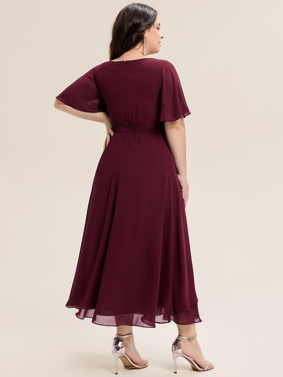 Rhinestone Embellished Chiffon Ruffle Sleeve Evening Dress #color_Burgundy