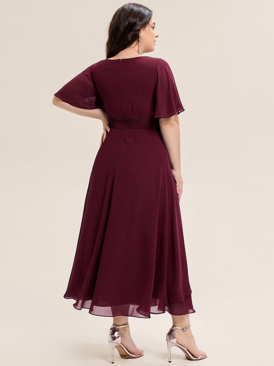Rhinestone Embellished Chiffon Ruffle Sleeve Evening Dress #color_Burgundy