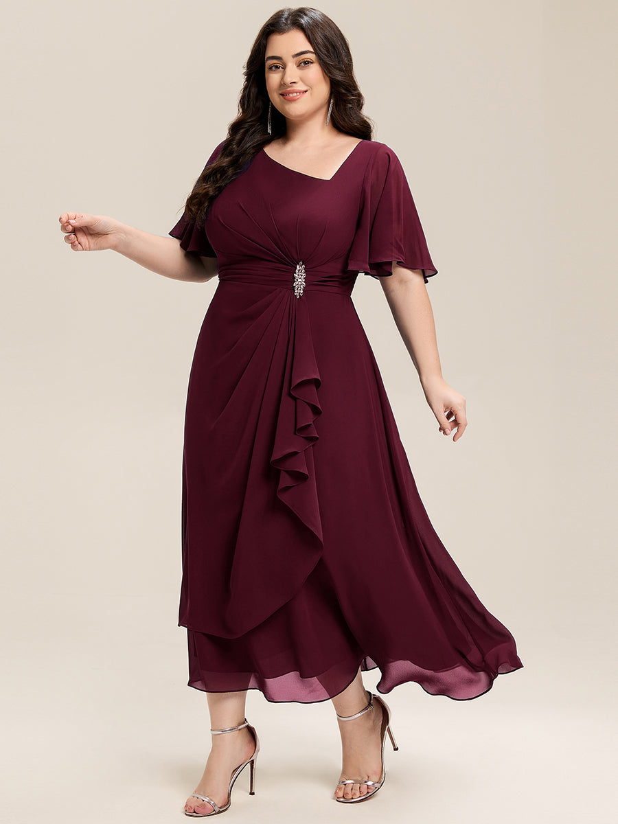 Rhinestone Embellished Chiffon Ruffle Sleeve Evening Dress #color_Burgundy