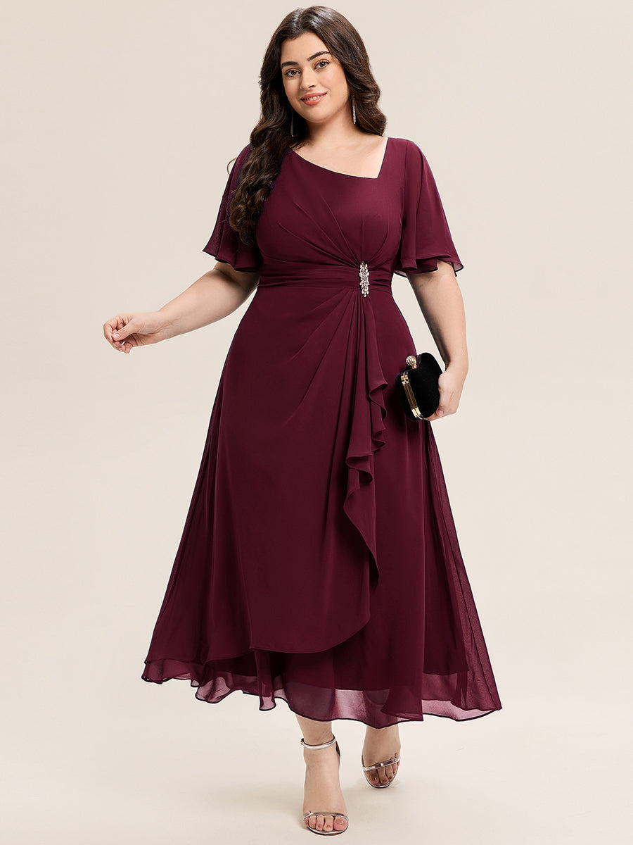Rhinestone Embellished Chiffon Ruffle Sleeve Evening Dress #color_Burgundy
