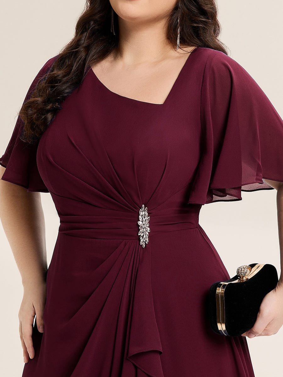 Rhinestone Embellished Chiffon Ruffle Sleeve Evening Dress #color_Burgundy