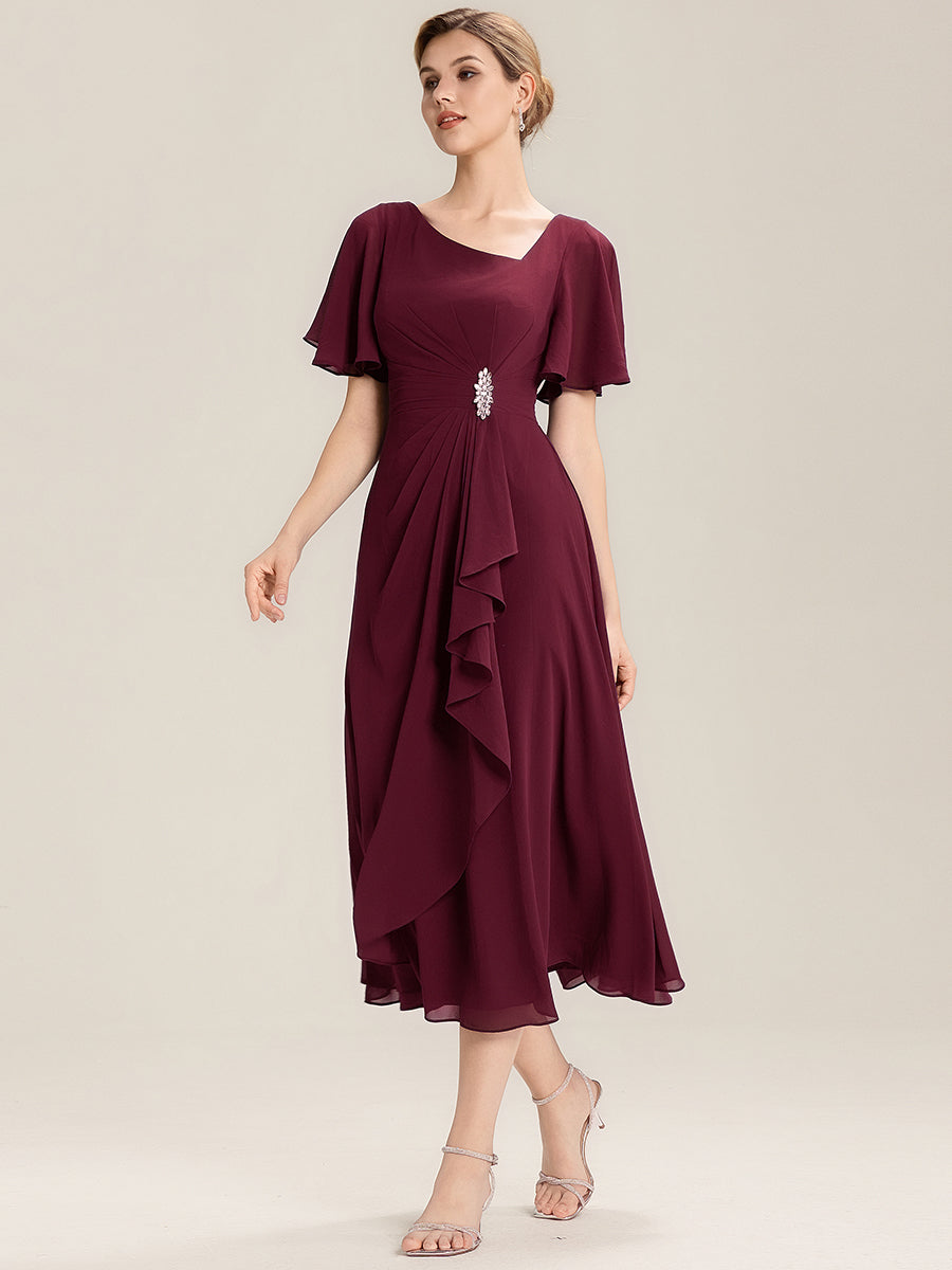 Rhinestone Embellished Chiffon Ruffle Sleeve Evening Dress #color_Burgundy