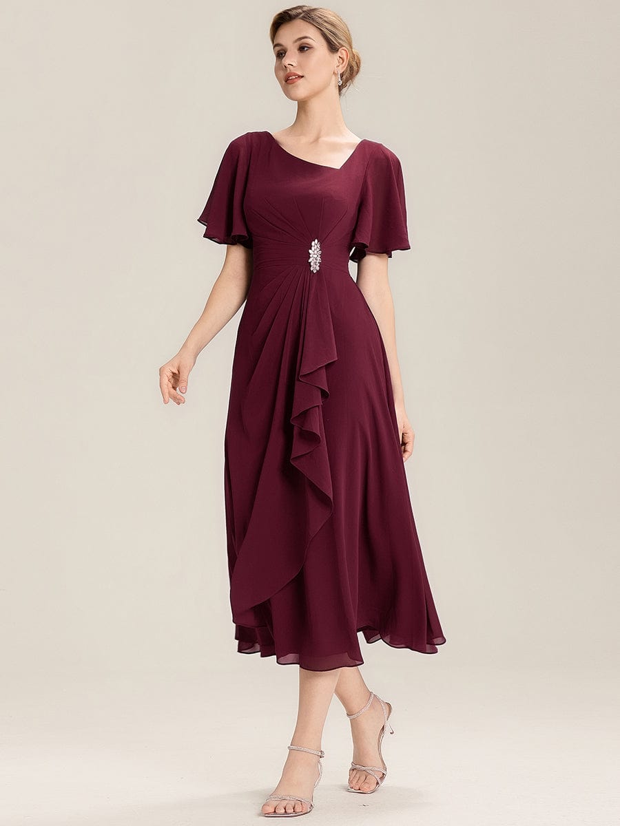 Rhinestone Embellished Chiffon Ruffle Sleeve Evening Dress #color_Burgundy