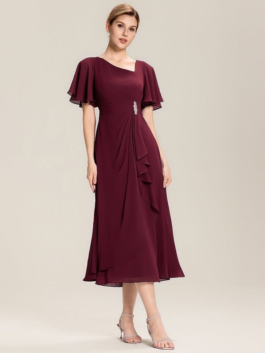 Rhinestone Embellished Chiffon Ruffle Sleeve Evening Dress #color_Burgundy