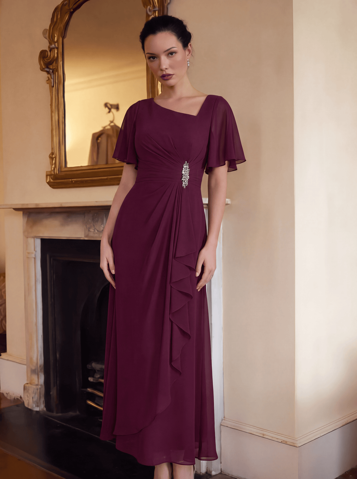 Rhinestone Embellished Chiffon Ruffle Sleeve Evening Dress #color_Burgundy
