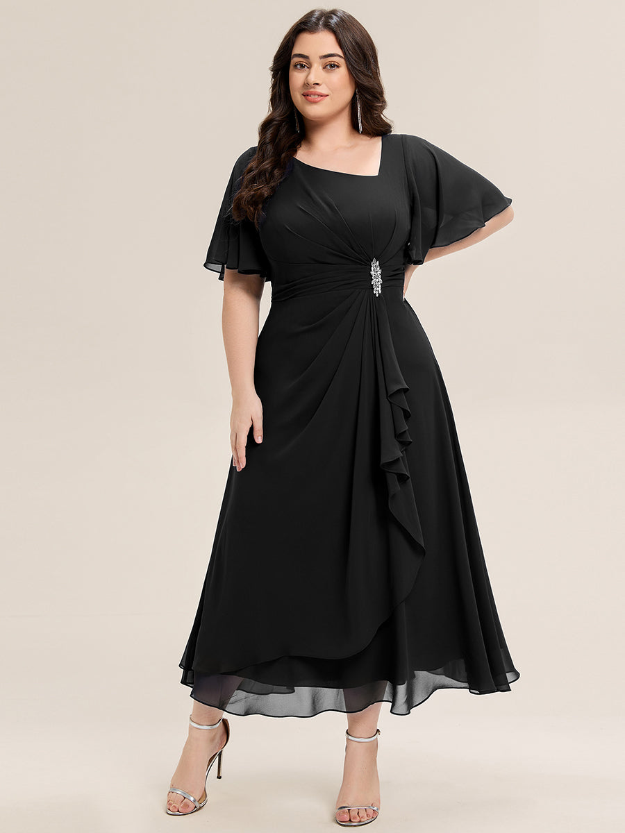 Rhinestone Embellished Chiffon Ruffle Sleeve Evening Dress #color_Black