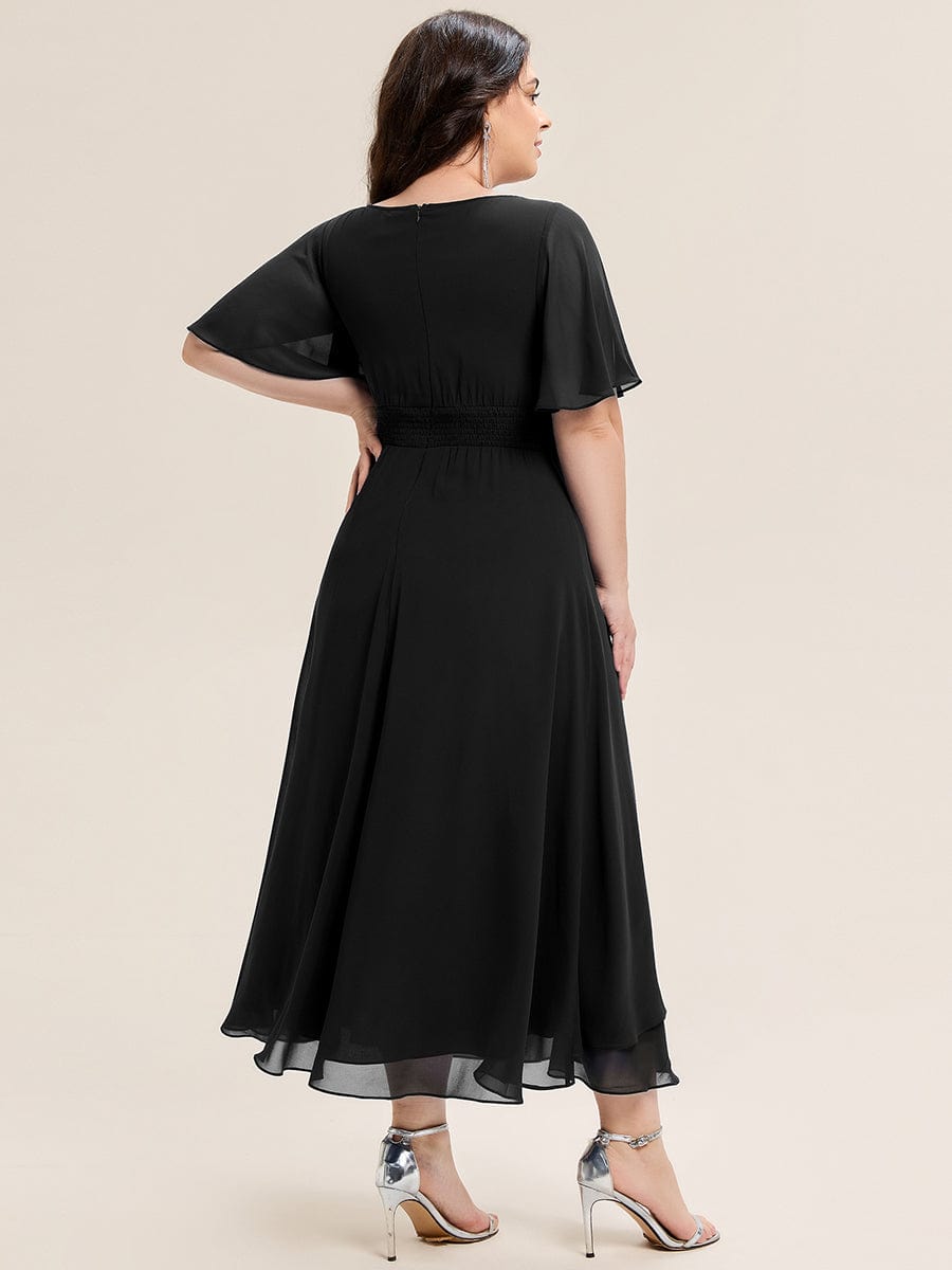 Rhinestone Embellished Chiffon Ruffle Sleeve Evening Dress #color_Black