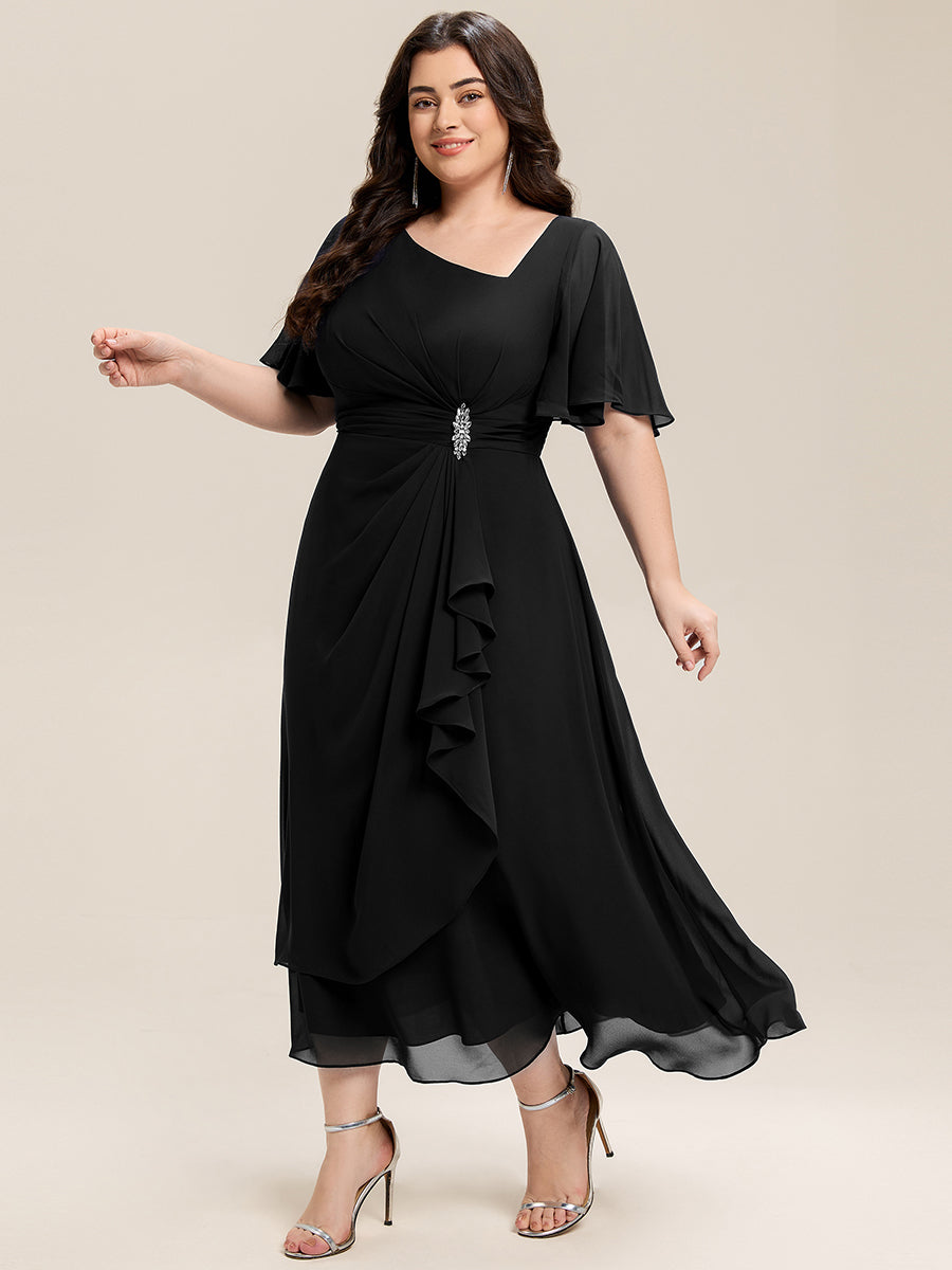 Rhinestone Embellished Chiffon Ruffle Sleeve Evening Dress #color_Black