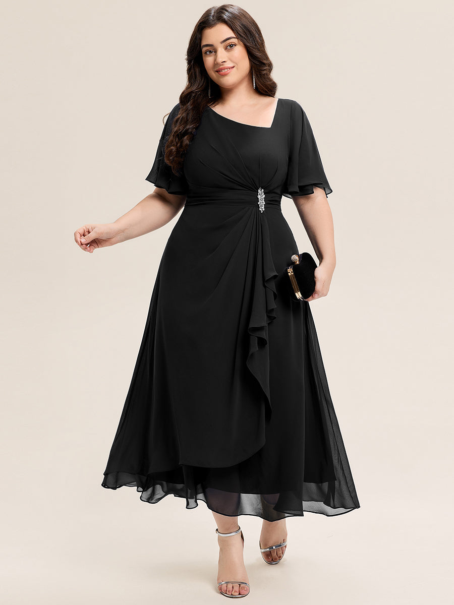 Rhinestone Embellished Chiffon Ruffle Sleeve Evening Dress #color_Black