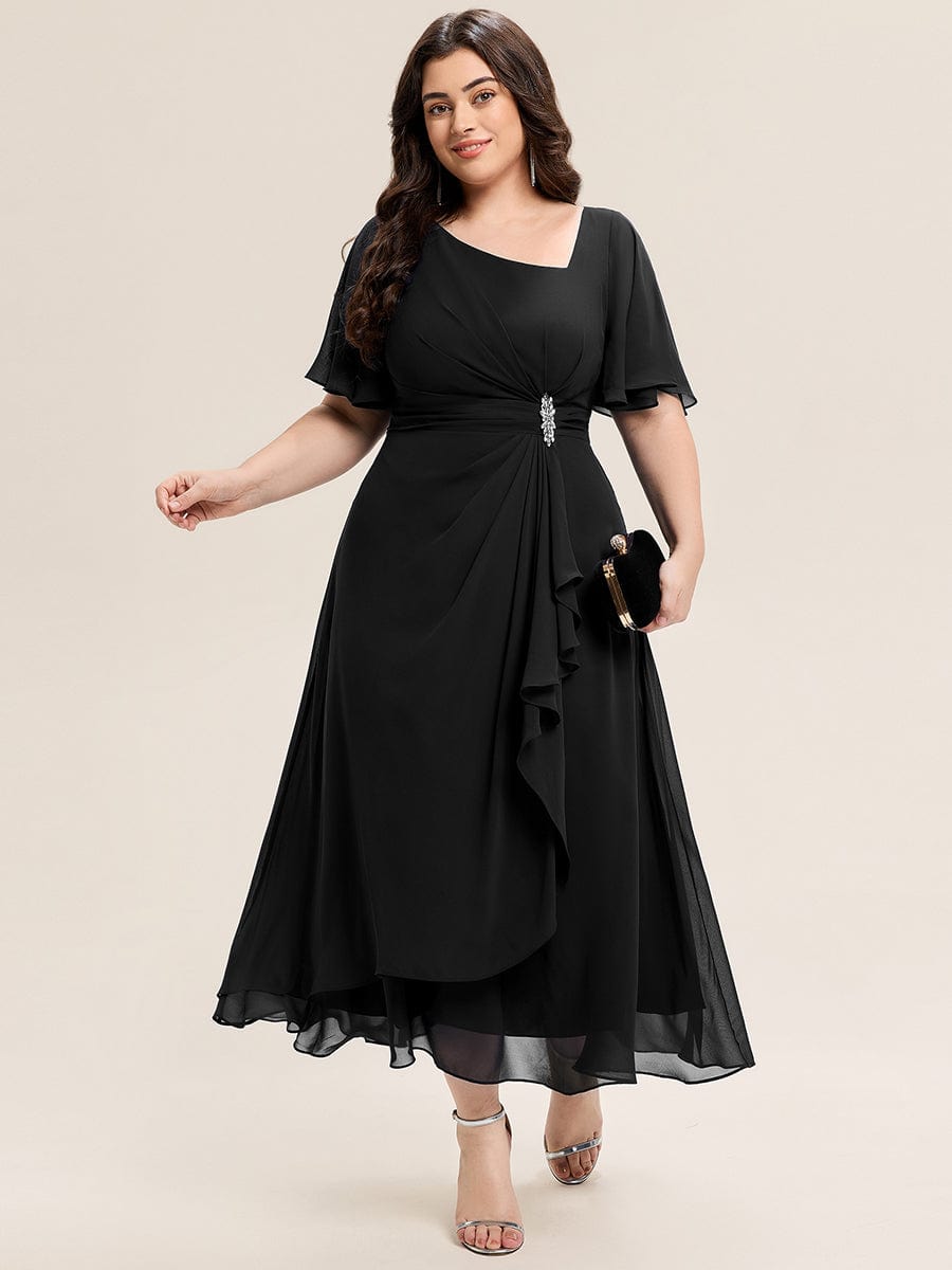 Rhinestone Embellished Chiffon Ruffle Sleeve Evening Dress #color_Black