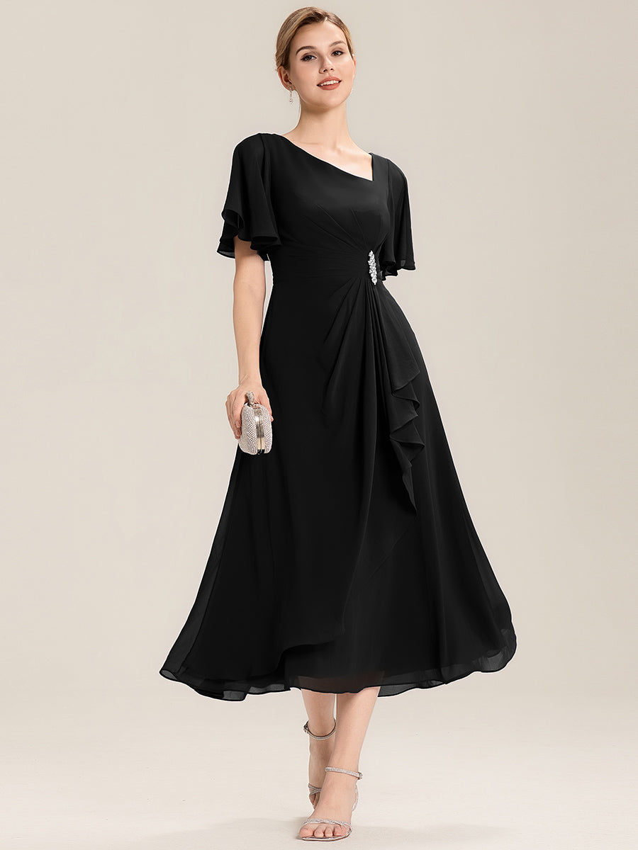 Rhinestone Embellished Chiffon Ruffle Sleeve Evening Dress #color_Black