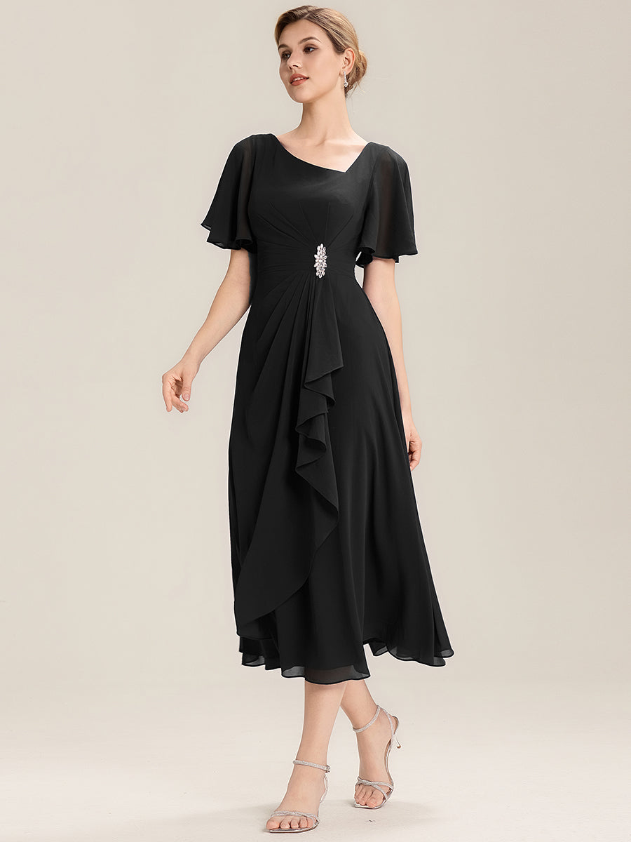 Rhinestone Embellished Chiffon Ruffle Sleeve Evening Dress #color_Black