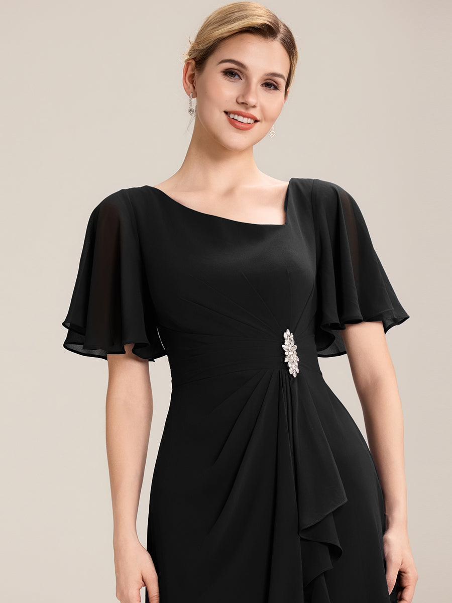 Rhinestone Embellished Chiffon Ruffle Sleeve Evening Dress #color_Black